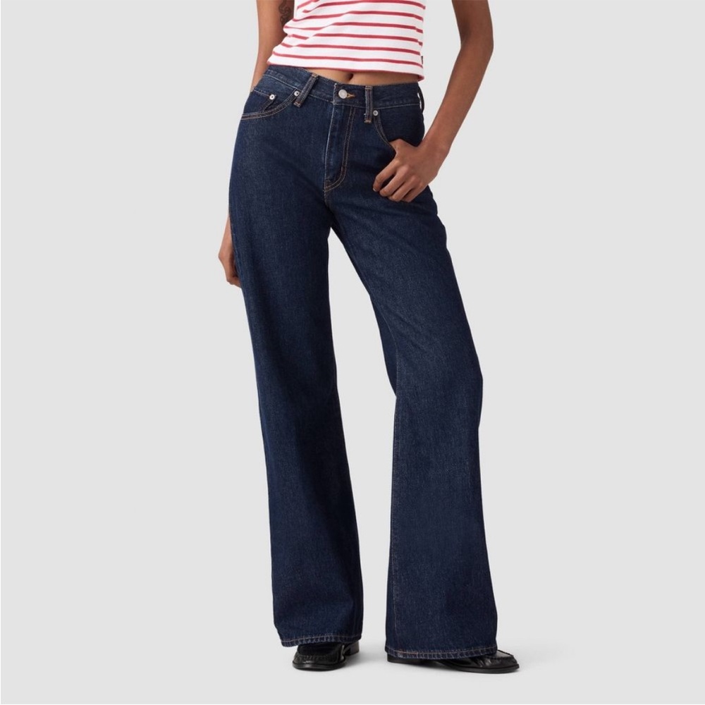Flattering New Levis MidRise Dark Blue Flare Bootcut Jeans Raw Denim Pants 27 28